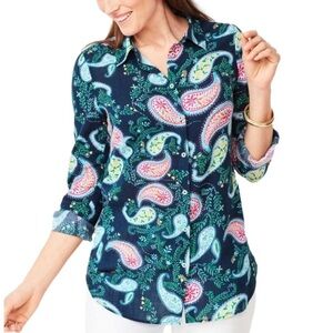 Talbots Petite Paisley Button Front Blouse Navy Multi 100% Cotton Medium